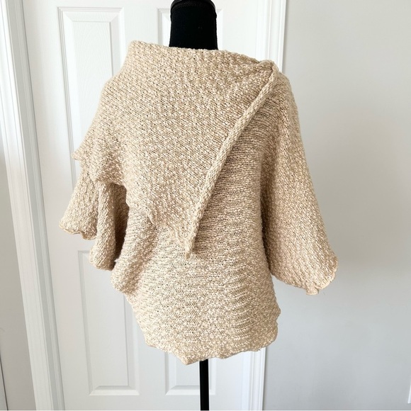 Papillon Soft Fuzzy  Drape Collar Poncho Knit Cape in Tan - Picture 5 of 16
